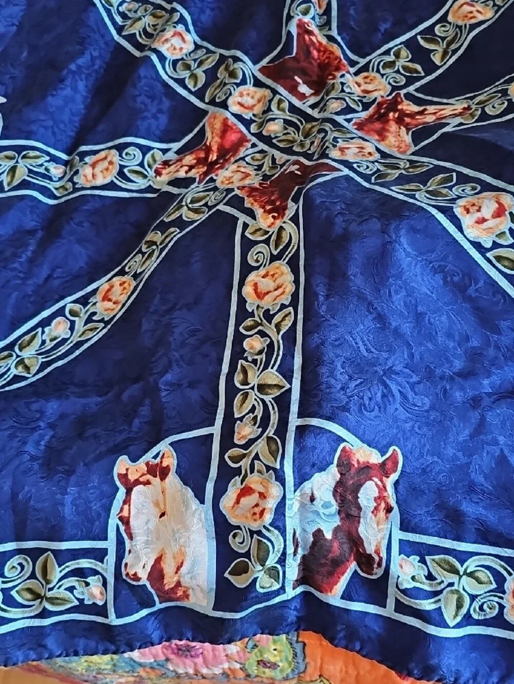 Joelle Smith Equestrian Horse ScNavy Floral & Horse Print Silk-Feel Scarf